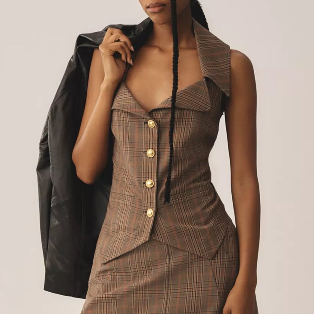 NWOT 🔹 Anthropologie Maeve Collared Vest Brown Plaid M